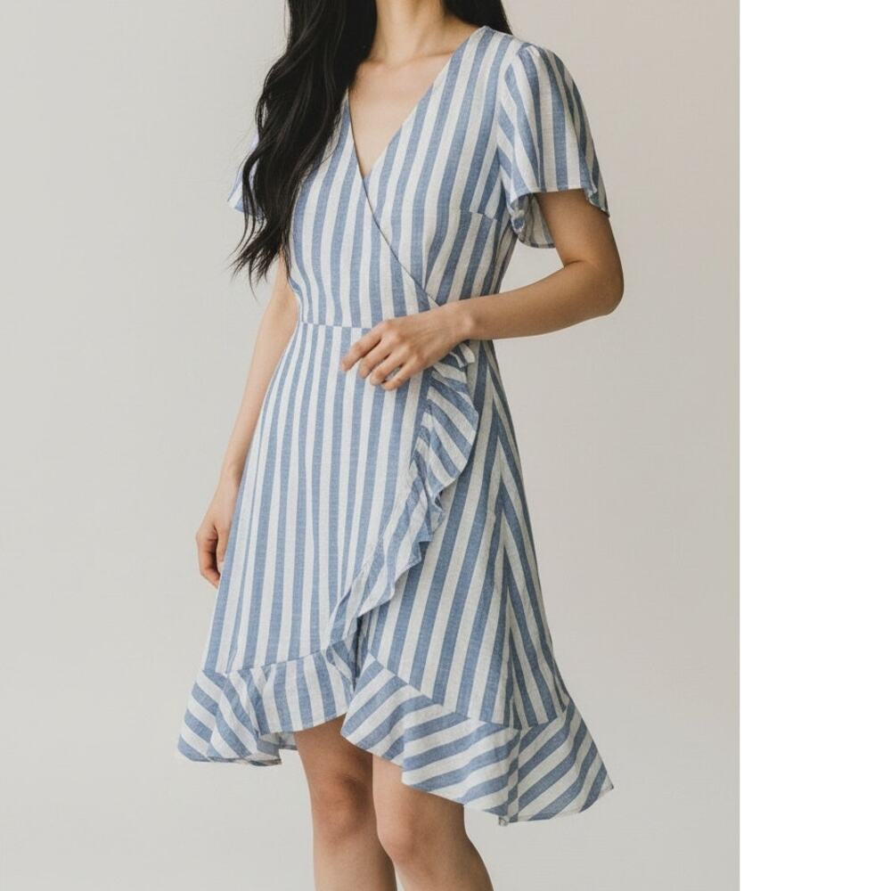 J. Crew Stripped Faux Wrap Ruffle V-Neck Short Sleeve Mini Dress 12 Blue White